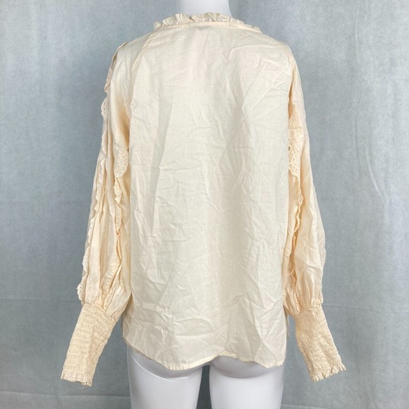 Zara Basic Shirt Womens Sz S Ivory Blush Cotton Eyelet Ruffle Peasant Blouse Top - Picture 2 of 7